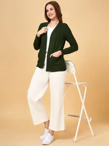 Honey by Pantaloons Women Olive Green Solid Front Open Sweater