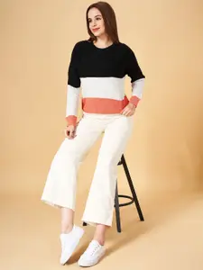 Honey by Pantaloons Women Black & Orange Colourblocked Acrylic Pullover