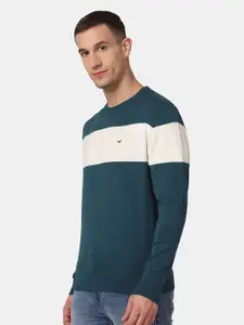 Blackberrys Men Green & White Striped Pure Cotton Pullover