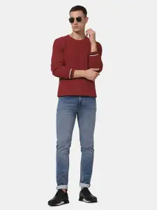 Blackberrys Men Red & White Cotton Cable Knit Pullover