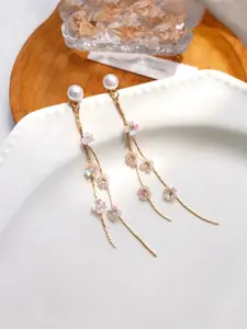 Yellow Chimes Gold-Toned Pearl Stud Linear Chain Crystal Studded Dangler Earrings