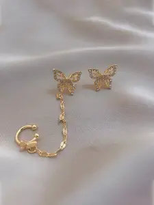 Yellow Chimes Gold-Plated Butterfly Stud Chain Earcuffs Earrings