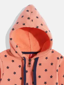 GAME BEGINS Girls Coral Orange & Black Star Print Cotton Hooded Sweatshirt