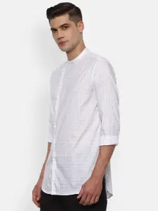 V Dot Men White Slim Fit Grid Tattersall Checks Checked Casual Shirt