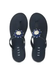 ELLE Women Navy Blue & White Embellished Thong Flip-Flops