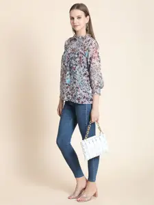 Rediscover Fashion Women Blue & Brown Floral Print Smocking Georgette Top