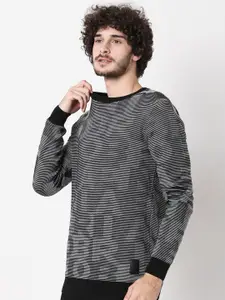 Mufti Men Grey Striped Pullover