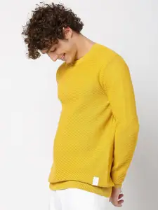 Mufti Men Mustard Round Neck Pure Cotton Pullover