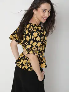 Vero Moda Black Floral Print Sweetheart Neck Ruffles Wrap Top