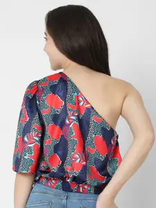 Vero Moda Women Blue Floral Print One Shoulder Layered Styled Back Top