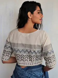 Chidiyaa Women Off White Printed Cotton Saree Blouse