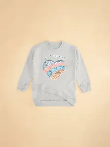 Pantaloons Junior Girls Grey Melange Printed Sweatshirt