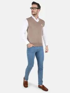 Monte Carlo Men Beige Solid Pure Wool V Neck Sweater Vest