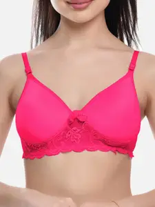 FIMS Pack of 3 Blue & Red Solid Cotton Lightly Padded Seamless Lace Bra