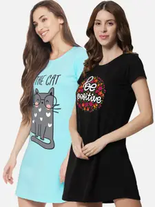 FFLIRTYGO Black Printed Nightdress