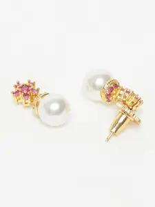 Voylla Pink & White Floral Gold-Plated Drop Earrings