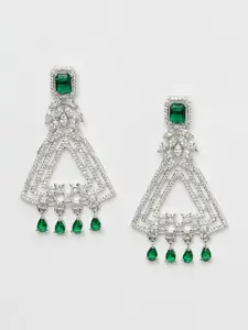 Voylla Women Silver-Toned & Green Geometric Drop Earrings