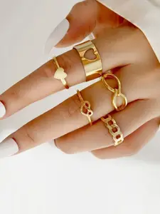 Jewels Galaxy Set of 5 Gold-Plated Heart Inspired Adjustable Finger Rings