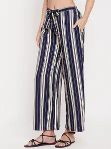 Clovia Women Striped Mid-Rise Straight Crepe Lounge Pants