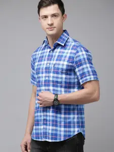 U.S. Polo Assn. U S Polo Assn Men Blue & White Tailored Fit Tartan Checked Pure Cotton Casual Shirt