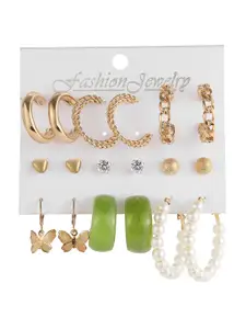 Vembley Set of 9 Gold-Plated White Contemporary Studs Earrings