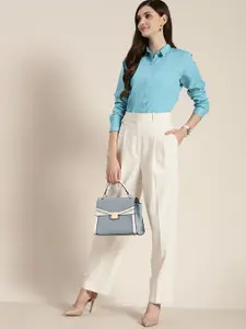 Hancock Women Turquoise Blue Solid Regular Fit Pure Cotton Formal Shirt