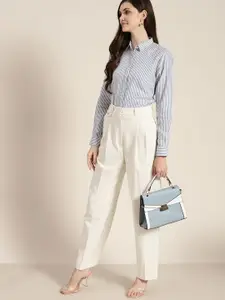 Hancock Women Blue & White Regular Fit Striped Pure Cotton Formal Shirt