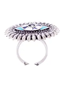 Voylla Silver-Plated & Blue Evil Eyes Enamelled Statement Adjustable Finger Ring
