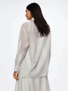 MANGO Women Grey Horizontal Striped Sheer Oversized Casual Shirt