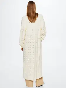 MANGO Women White Ethnic Woven Design Longline Front Open Sweater