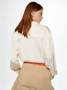 MANGO Women Off White Solid Satin Finish Casual Shirt