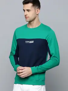 Flying Machine Men Green & Navy Blue Colourblocked Pure Cotton Pullover Sweatshirt