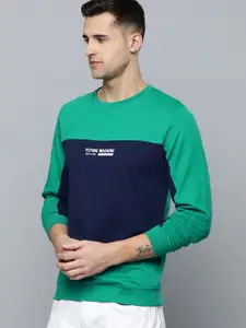 Flying Machine Men Green & Navy Blue Colourblocked Pure Cotton Pullover Sweatshirt