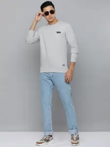 Flying Machine Men Grey Melange Solid Sweatshirt with Minimal Print Detail