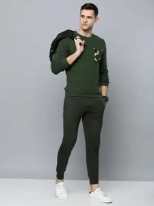 Flying Machine Men Olive Green Solid Pockets Pure Cotton Sweatshirt