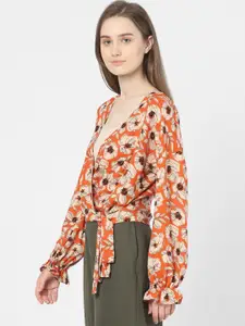 Vero Moda Orange Floral Print Wrap Top
