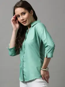 SHOWOFF Women Green Slim Fit Cotton Casual Shirt