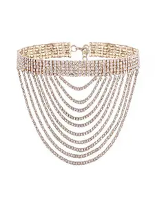 Yellow Chimes Gold Toned Crystal Studded Multilayer Glittering Choker Necklace