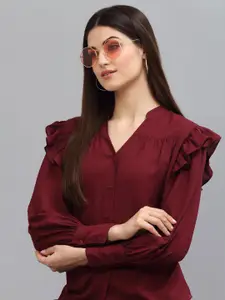 Style Quotient Women Maroon Ruffled Sleeve Casual Shirt