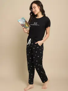 Boston Club Women Black & White Printed Night Suit-BC-88-blak-LT-Black