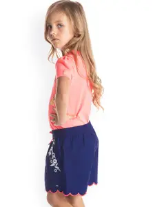 Cherry Crumble Girls Blue Floral Embroidery Shorts