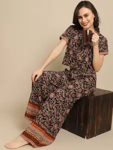 Claura Women Black & Peach-Coloured Printed Night suit