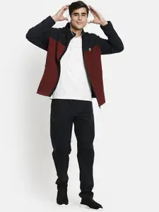 Octave Men Maroon & Navy Blue Plus Size Colorblocked Fleece Tracksuits