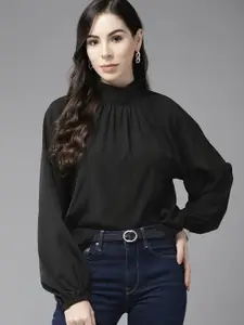 Roadster Black High Neck Puff Sleeves Top