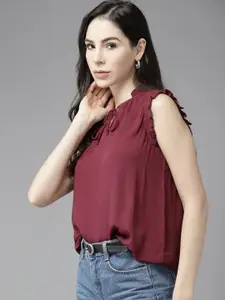 Roadster Maroon Tie-Up Neck Ruffles Top