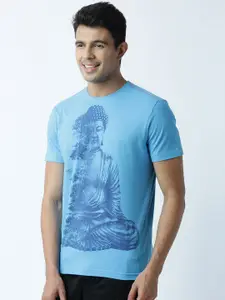 Huetrap Men Turquoise Blue Printed Round Neck T-shirt