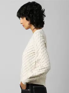 ONLY Women Beige Long Sleeve Ribbed Hem Pullover Sweaters