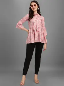 GUFRINA Peach-Coloured Floral Print Tie-Up Neck Crepe Top