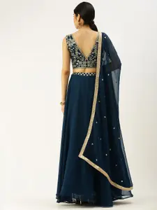 LOOKNBOOK ART Teal & Gold-Toned Embellished Sequinned Semi-Stitched Lehenga & Unstitched Blouse With Dupatta