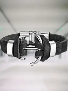UNIVERSITY TRENDZ Men Black & Silver-Toned Leather Multistrand Bracelet